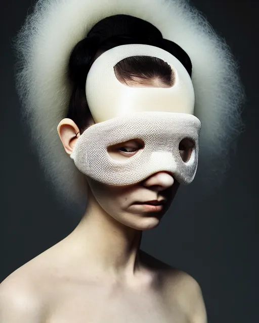 Prompt: portrait of a woman wearing a white embroidered translucent silicone mask and white lilac frizzy hair buns, wearing a black bodysuit by alexander mcqueen, cream white background, soft diffused light, biotechnology, humanoide robot, bjork aesthetic, translucent, by rineke dijkstra, intricate details, highly detailed, masterpiece,