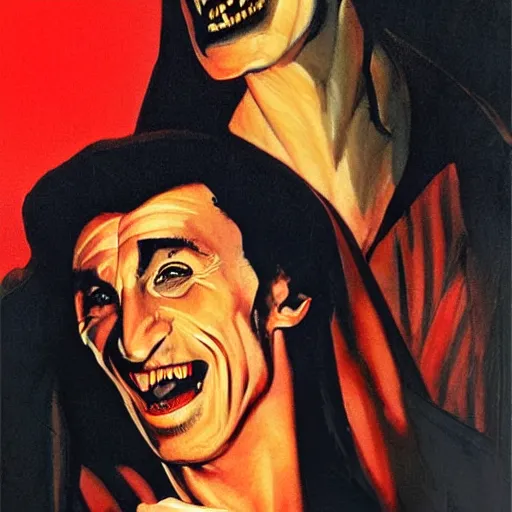 Prompt: photorealistic picture, by bob peak and alex ross, dracula movie poster in 1 9 8 4, gouache and wash paints, fine details, fine intricate, fine facial proportionate, fine body proportionate, fine fix broken line, fine fix duplicate line, smooth focus, sharp details, bokeh, 4 k