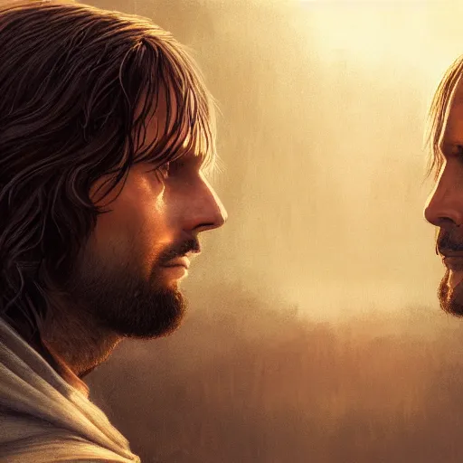 Image similar to Portrait of Aragorn and Erwan, marriage ceremony, golden hour, detailed matte painting, cinematic, Alan Lee, Artstation