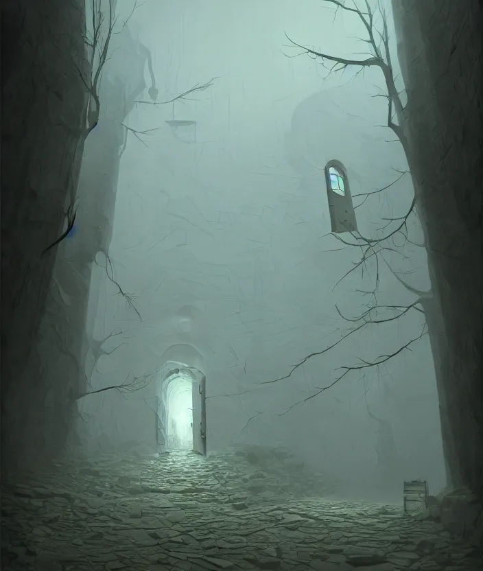 Image similar to a door at the end of a long dark corridor by gediminas pranckevicius, trending on artstation