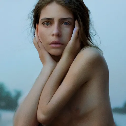 Prompt: portrait of a stunningly beautiful emotional female in soft light at sunset, depth of field, zeiss lens, detailed, symmetrical, centered, fashion photoshoot, by annie leibovitz and steve mccurry, david lazar, jimmy nelsson, breathtaking, 8 k resolution, extremely detailed, beautiful, establishing shot, artistic, hyperrealistic, beautiful face, octane render