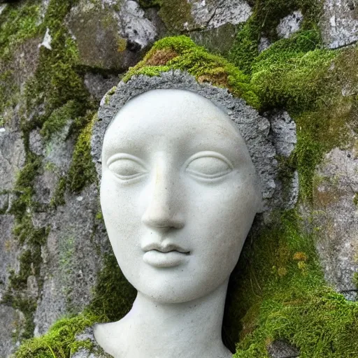 Image similar to a sculpture of a beautiful woman's head as an intricate, delicate tracery of stone, forming a beautiful ancient monument, slowly being covered by moss and lichen