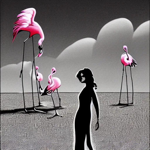 Image similar to A surreal comic noir illustration containing Penelope Cruz and Flamingos in a desert beach oasis by Salvador Dali, dark vibes, high contrast, pastel lighting, cinematic, depth of field, 8k