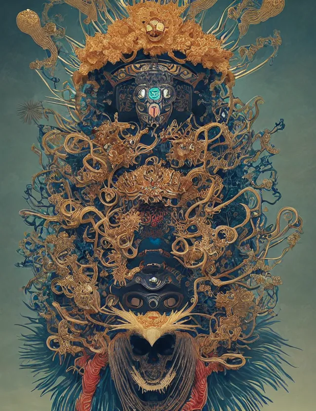 Image similar to the yey of god portrait with mask and crown made of ram skull. beautiful intricately detailed japanese crow kitsune mask and clasical japanese kimono. betta fish, jellyfish phoenix, bioluminescent, plasma, ice, water, wind, creature, super intricate ornaments artwork by tooth wu and wlop and beeple and greg rutkowski