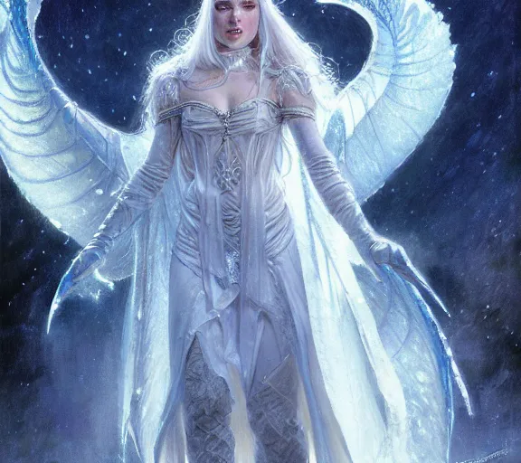 Prompt: The Ice Queen, beautiful young woman, snow, ice, cinematic, hyperdetailed | donato giancola, ralph horsley, Artem Demura | waist-up portrait | dungeons and dragons