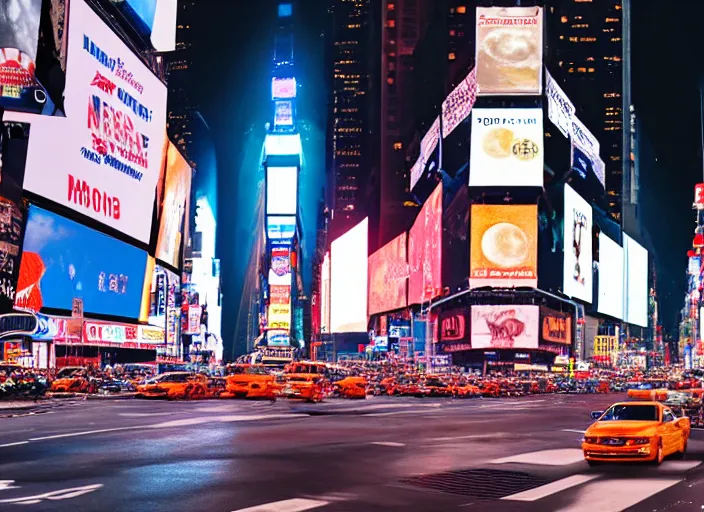 Image similar to film still of the moon shattering into pieces over time square in the new disaster movie, 8 k, night time