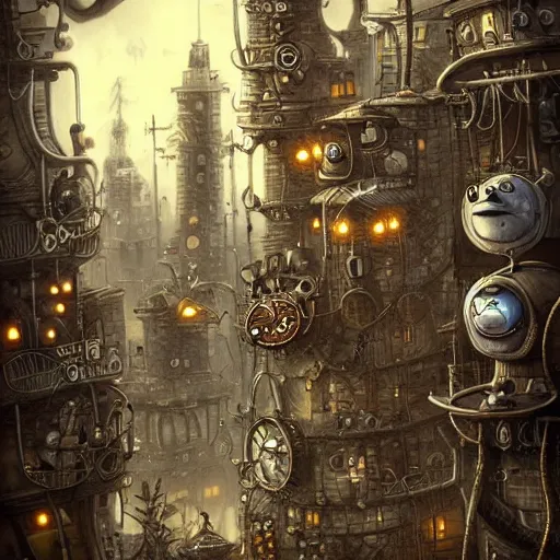 Image similar to machinarium city, steampunk style, fantasy style, super high detail, super high quality, talented artist, trending on artstation