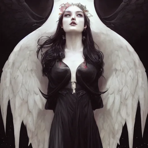 Prompt: Beautiful pale angelic goth girl with angel wings and devil\'s horns, masterpiece 4k digital illustration by Ruan Jia and Mandy Jurgens and Artgerm and william-adolphe bouguereau, highly detailed, trending on artstation, award winning,