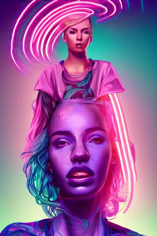 Image similar to a award winning half body portrait of a beautiful woman in a croptop and cargo pants with ombre purple pink teal hairstyle and hands in pockets by thomas danthony, surrounded by whirling illuminated lines, outrun, vaporware, shaded flat illustration, digital art, trending on artstation, highly detailed, fine detail, intricate