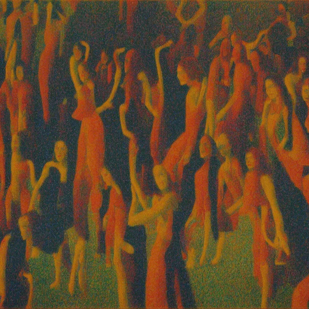 Image similar to a film still of suspiria by dario argento 1 9 7 7 movie, painted by georges seurat, impressionism, pointillism, high quality, detailed, print!