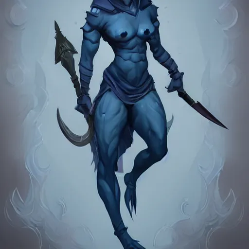 Image similar to D&D character concept art of a tiefling, tiefling rogue, blue skin color with short horns and a devil tail, casual pose of a Rogue holding daggers, full body pose, soft colors, fantasy, intricate, elegant, highly detailed, digital painting, artstation, concept art, smooth, sharp focus, illustration