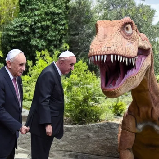 Image similar to pope Francis visits a dinosaur zoo and looks at a trex