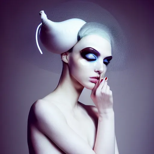 Prompt: high fashion photography of a model in neo futurism white sci - fi makup, a huge white snail on her head, transparent cloth, beautifully lit