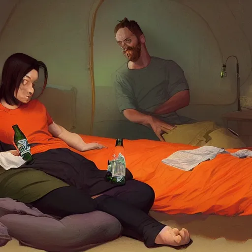 Prompt: guinness bottles and young man in orange shirt and a girl in green shirt sleeping in bed, highly detailed, digital painting, artstation, concept art, smooth, sharp focus, illustration, art by artgerm and greg rutkowski and alphonse mucha