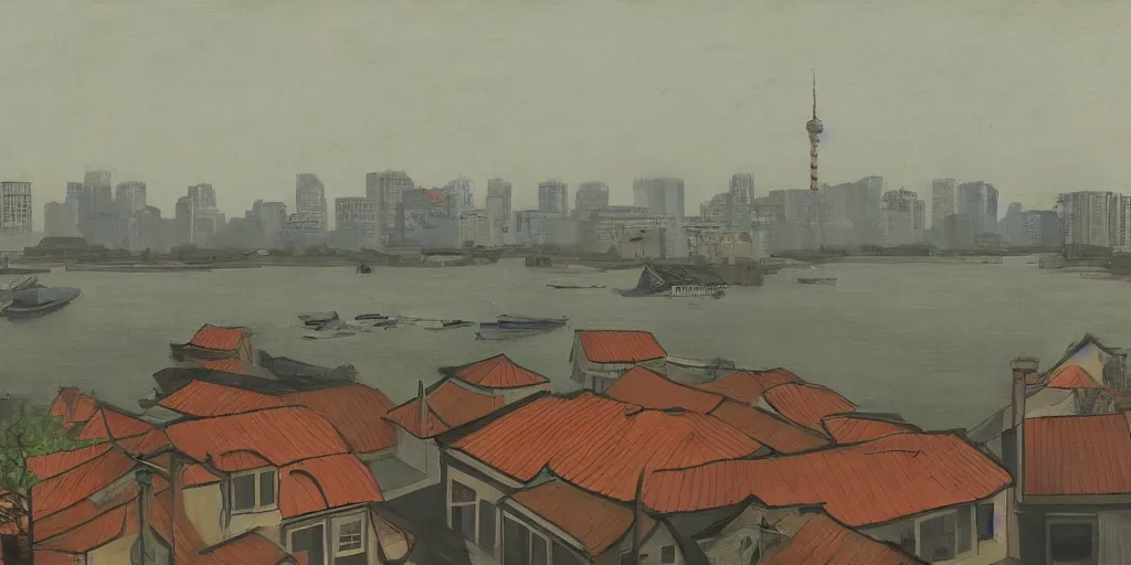 Image similar to In the foreground is a small red house, and in the background is the smoky Oriental Pearl City of Shanghai, George Ault painting style.