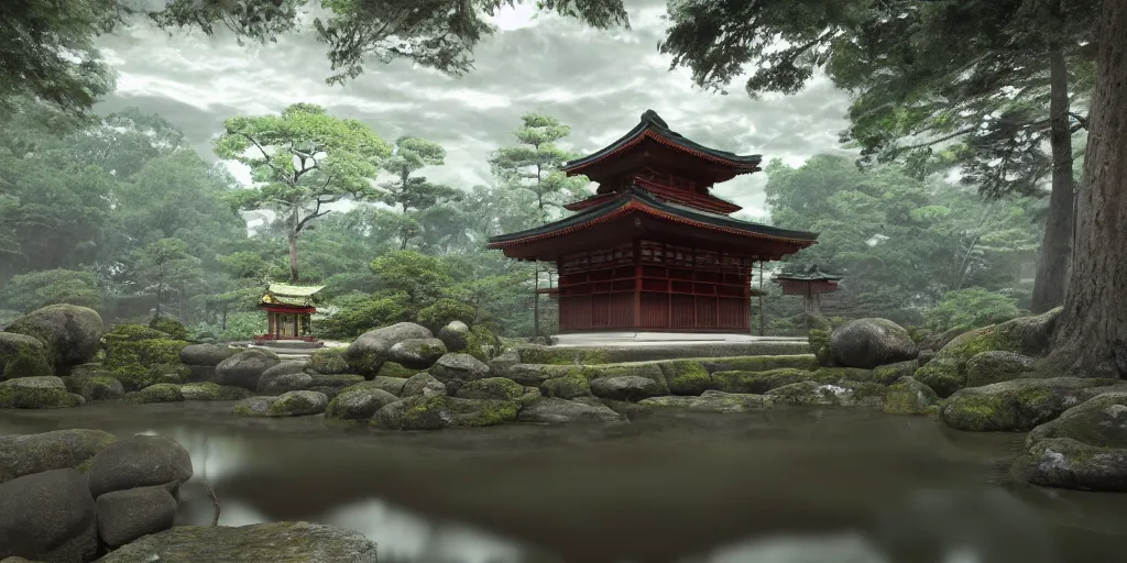 Image similar to a ancient japanese temple in the middle of a forest mear a small river, extremely highly detailed, high quality, 8K HDR, octane render, unreal engine 5, hyperrealistic, concept art, trending on Artstation, dramatic lighting, cinematic, high coherence, path tracing, ruins, clouds in the sky, singular building, centered