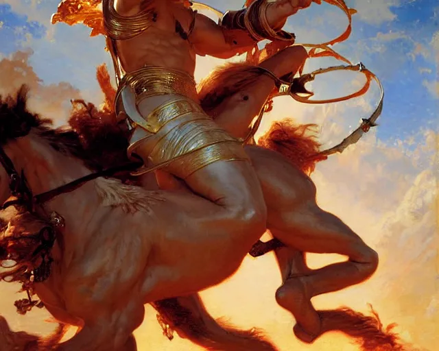 Image similar to attractive apollo greek god, riding his fire chariot. highly detailed painting by gaston bussiere, craig mullins, j. c. leyendecker 8 k