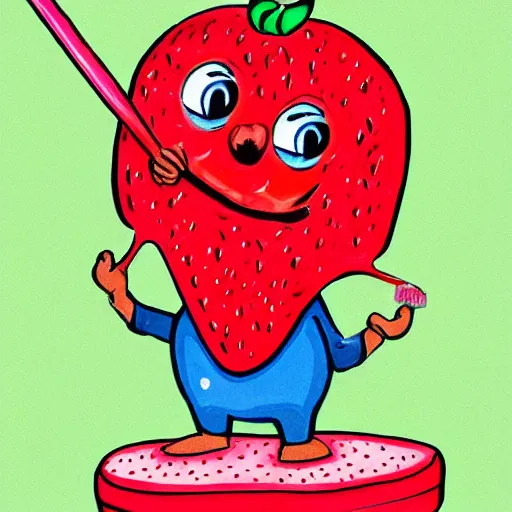 Image similar to a cute strawberry character with two front teeth, holding a yellow toothbrush, in the style of victor moscoso