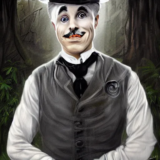 Image similar to fantasy portrait of an energetic charlie chaplin with silky, cloudy grey hair, black scars on her face, swamp vegetation in the background, nocturnal palette, art by greg rutowski, raphael lacoste, eddie mendoza, artgerm, trending on artstation