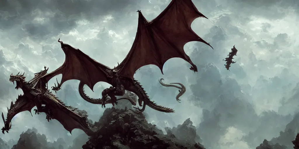 Prompt: dragon flying in the sky, amazing baroque vibe dark fantasy, craig mullins, award winning design, beautiful composition, artstation, dreadjim