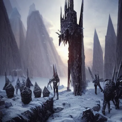 Prompt: cold portrait of pointy ice spikes rising from the ground, ice spikes in bodies of knights, epic fantasy style, in the style of greg rutkowski, trending on artstation, unreal engine, octane render