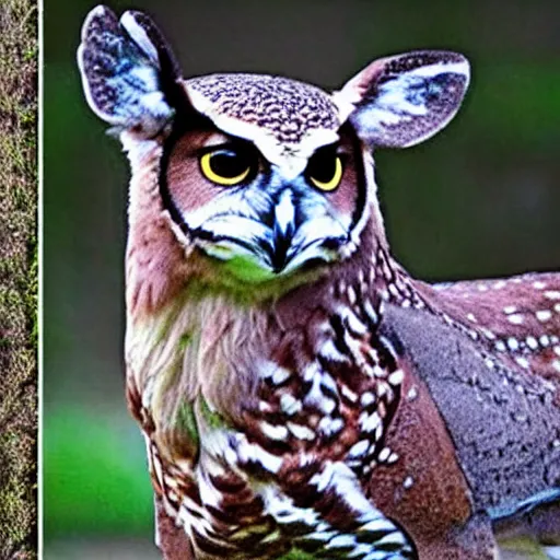 Prompt: photo of a hybrid between a deer and an owl