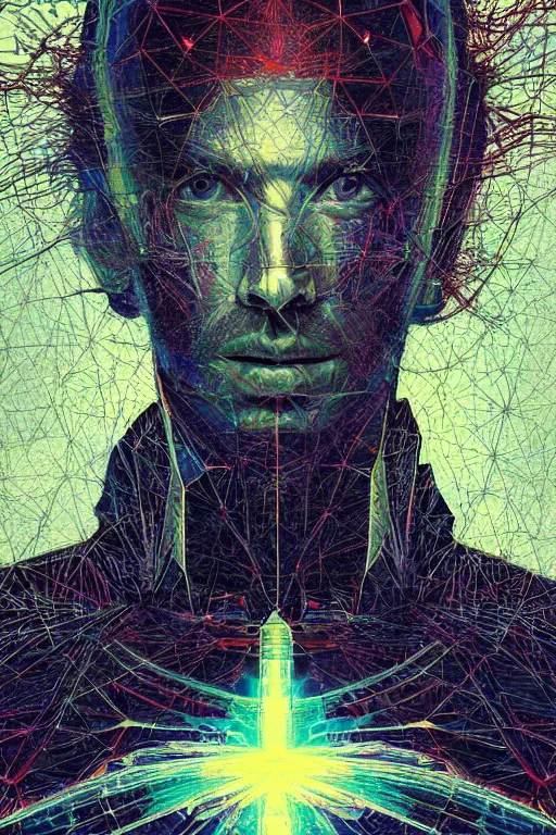 Prompt: A portrait of Thom Yorke as a cyberpunk android, iridescent geometry, surrounded by fractal dust, highly detailed, intricate, soft, sci-fi, sharp focus, subsurface scattering, art by Caravaggio, Greg rutkowski, Moebius, Greg Rutkowski, Alphonse Mucha, Norman Rockwell, Tom Bagshaw.