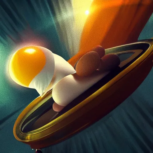 Image similar to digital art, trending on artstation, a person with a fried egg as a head driving a spaceship, cinematic, motion blur