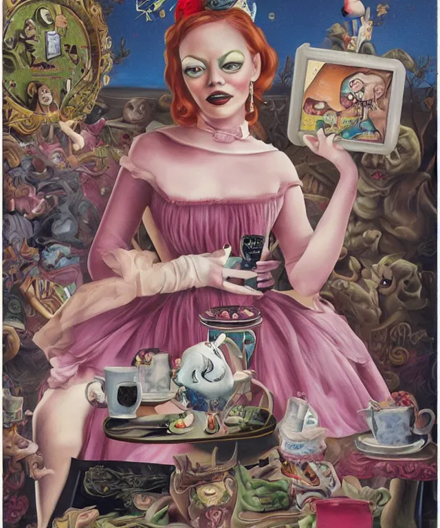 Image similar to portrait of Emma Stone in wonderland, lowbrow painting by Mark Ryden