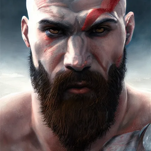 Prompt: kratos closeup portrait, dramatic light, lake background, 2 0 0 mm focal length, painted by stanley lau, painted by greg rutkowski, painted by stanley artgerm, digital art, trending on artstation