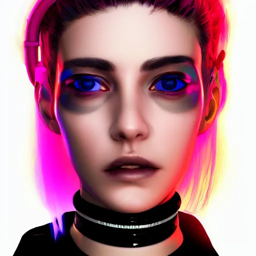 Image similar to headshot of cyberpunk woman wearing thick black choker around neck, detailed face, collar on neck, realistic, artstation, cyberpunk style, neon,