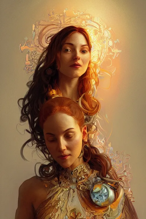 Image similar to portrait of tinfoil hat man in orange t - shirt behind his wife, feelings, romantic, fantasy, intricate, elegant, highly detailed, digital painting, artstation, concept art, smooth, sharp focus, illustration, art by artgerm and greg rutkowski and alphonse mucha