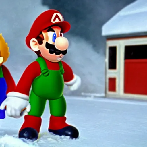 Prompt: a still of from the movie the thing ( 1 9 8 2 ) crossover with the game mario and luigi : partners in time