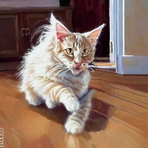 Image similar to cream color maine coon cat chasing a cat-toy-ball in a sunlit bedroom, hardwood floors with a colorful tattered old throw rug, bay window sofa in the background, fun, energetic, amusing, cute, funny, in style of Robert Hagan, trending on art station