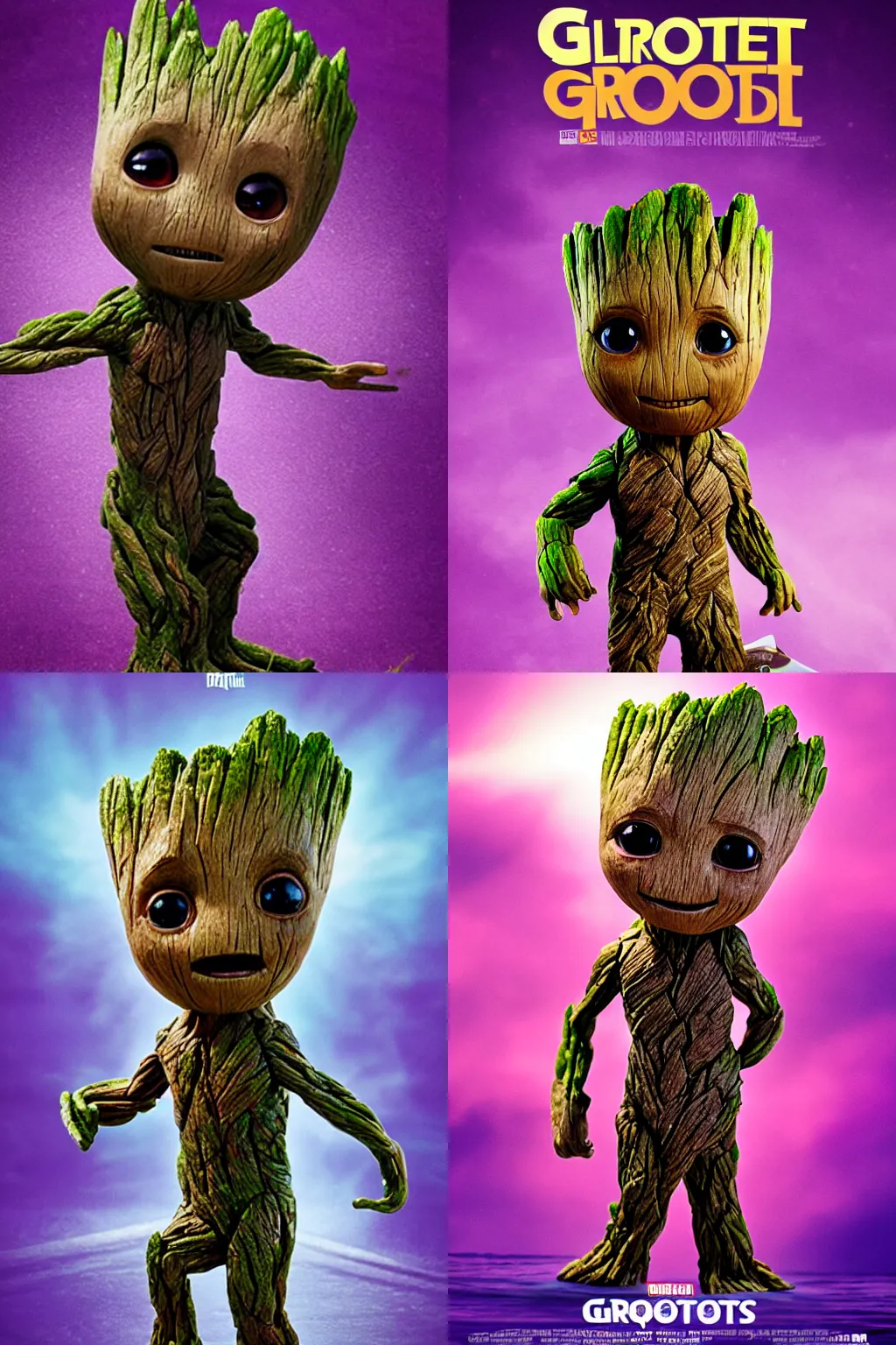Prompt: little Groot, riding a surfboard shapes like a bar of purple soap, cinematic angle, poster style