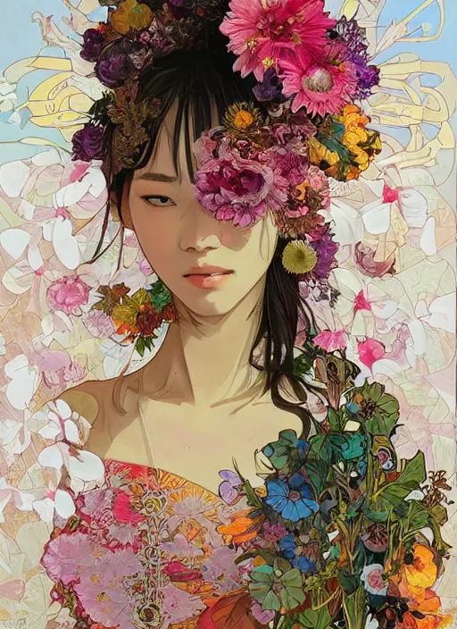 Image similar to !!! very coherent!!! oil painting, beautiful floralpunk bangkok cyborg portrait girl female illustration detailed patterns art of thai traditional dress, flower pop art, floral splash painting, art by ashley wood, alphonse mucha, makoto shinkai, geof darrow, dark shadow