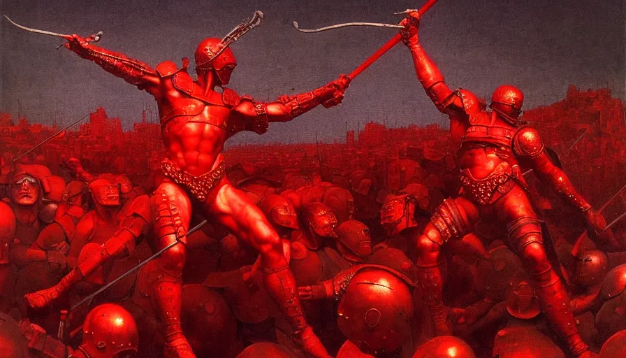 Image similar to only with red, an armored gladiator in a crowded roman amphitheatre, crowd cheering, in the style of beksinski and edward hopper and rodcenko and yue minjun and rolf armstrong, intricate and epic composition, red by caravaggio, highly detailed, masterpiece, red light, artstation