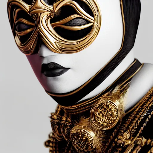 Image similar to portrait of masked dune dynasty with gucci clothes, white background, 8 k, symmetrical, 3 d render, octane render, insane details