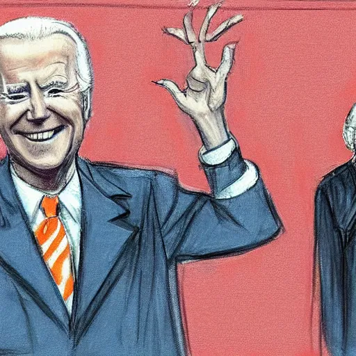 Image similar to courtroom sketch of joe biden dressed as jimmy savile with jimmy savile hair in courtroom in the stand, handcuffed, accused of child crimes and electoral fraud wearing an orange jumpsuit