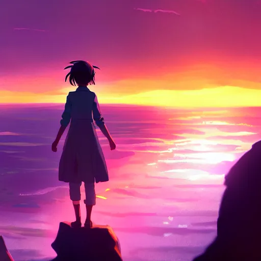 Image similar to A girl standing on the hill looking at the sea with a sunset in style of Makoto Shinkai and Cyberpunk. ArtStation, 8K, Highly Detailed, Intricate, Album Art.