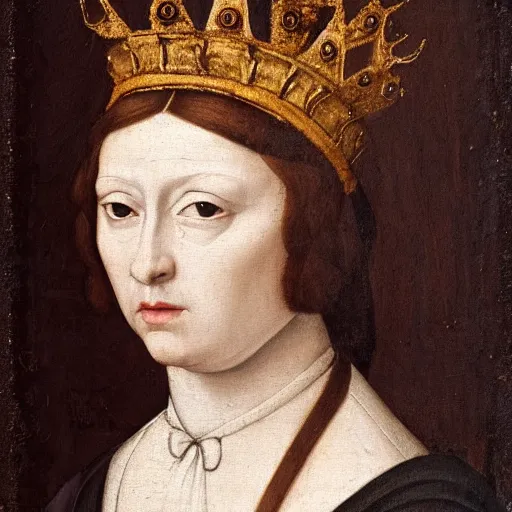 Image similar to a renaissance style portrait painting of an animal, wearing a crown and cape, dark background