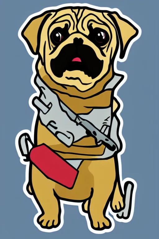 Image similar to Pug as a serial killer, sticker, colorful, illustration, highly detailed, simple, smooth and clean vector curves, no jagged lines, vector art, smooth