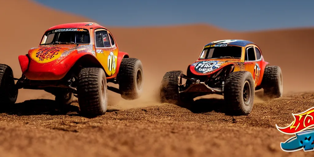 Image similar to Hot Wheels, VW BAJA BUG, trophy truck, cinematic, Maxxis, 8k, depth of field, mexican desert, bokeh, DAKAR.