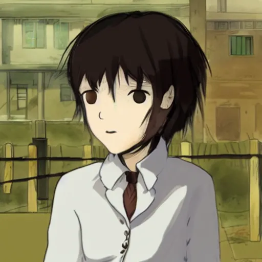 Image similar to a portrait of tomboy Lain from serial experiments: Lain Shinji with a town behind