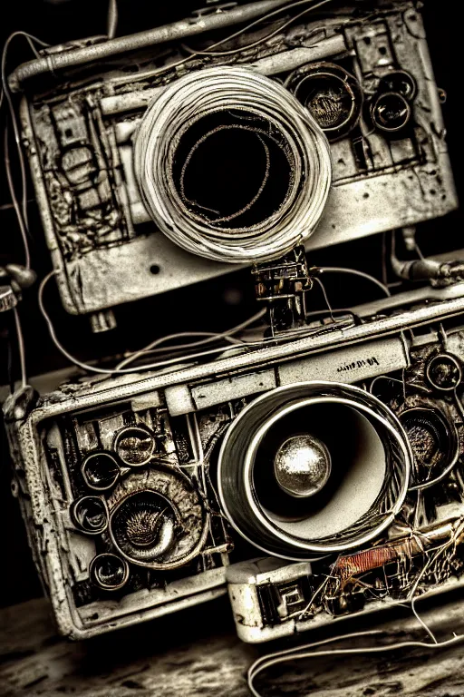 Image similar to A photo of a very old opened camera with film, vacuum tubes, capacitors and coils inside by Richard Kuiper and Steve McCurry, grungy, weathered Ultra detailed, hyper realistic, 4k