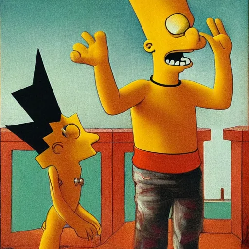 Image similar to Bart Simpson trapped in a Max Ernst painting