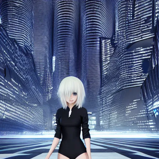 Prompt: platinum - blonde - haired long bob cut blue - eyed princess wearing white leggings and black jacket, standing next to communist monument, futuristic city, anime, hd anime wallpaper, hyperrealistic lighting, octane render, volumetric lighting, drawn by artgerm