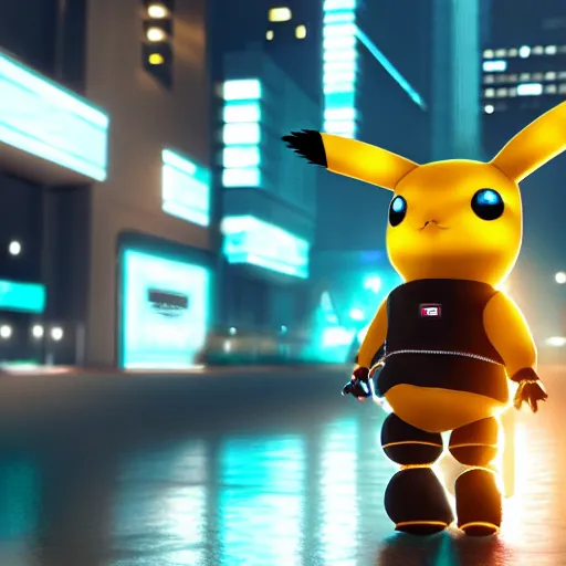 Image similar to cyberpunk pikachu, a male robot, portrait full HD 8k, ultra realistic cinematic octane render, focus on shoulder to head