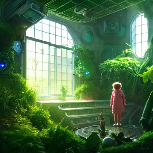 Prompt: , little child and grandma in sci - fi green house, spaceship, plants, stephen bliss, misty, unreal engine, pixar, fantasy art by greg rutkowski, loish, ferdinand knab, and lois van rossdraws, global illumination, radiant light, minimalist, detailed and intricate environment