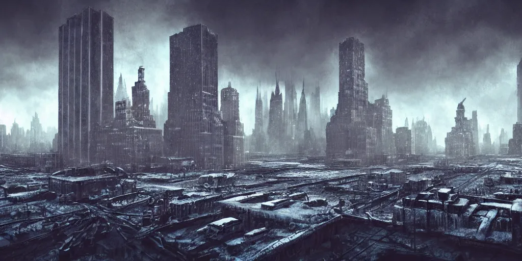 Image similar to nuclear winter, new york city, near future, decay, fantasy, sci - fi, hyper realistic, serene.